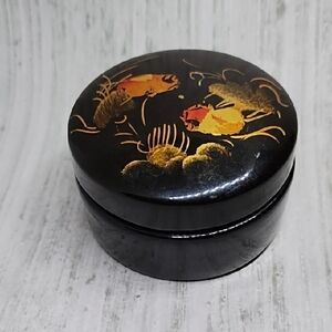 Vintage Black Lacquered Trinket Box with Asian Inspired Gold Koi Fish Design